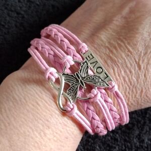 Pink Leather Braided Strands Bracelet  Alloy Butterfly Love Infinit